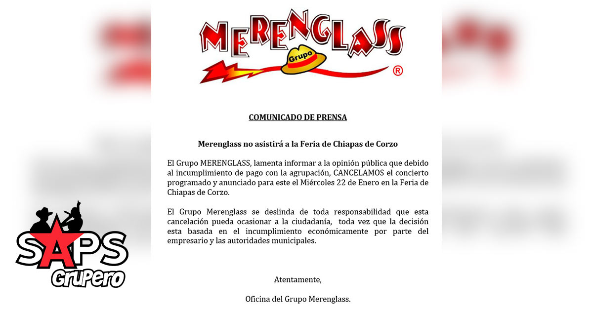El Empresario Federico López cancela presentación del Grupo Merenglass en la Feria de Chiapa de Corzo